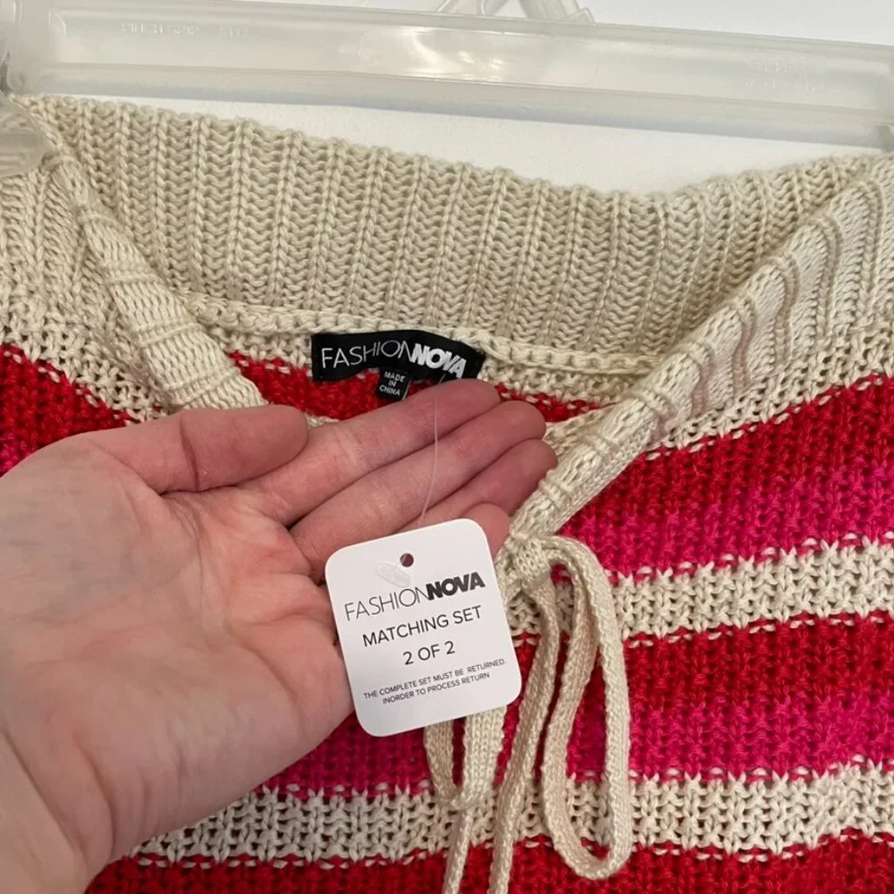 NEW NWT FASHION NOVA Mariyah Crochet Mini Skirt Cream Beige Red Pink Stripe Knit